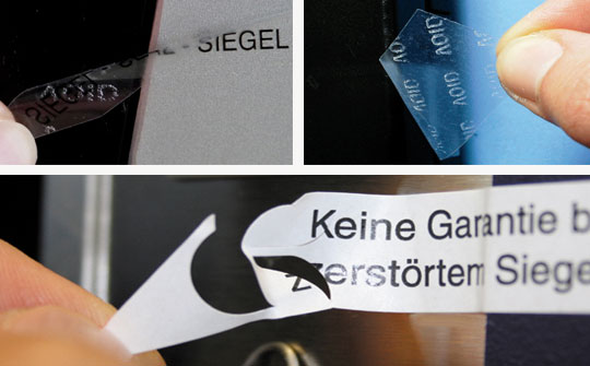 Wieder ablösbare Sicherheitssiegel mit Sollbruchstanzung oder Spezialklebstoff