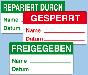 Rote und grüne QS-Etiketten mit Aufdruck Repariert durch Gesperrt Freigegeben