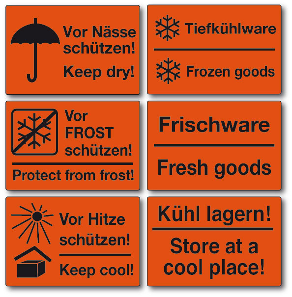 Leuchtrot-Warnaufkleber zu Frost, Hitze, Kühlung, Tiefkühlware, Frischware