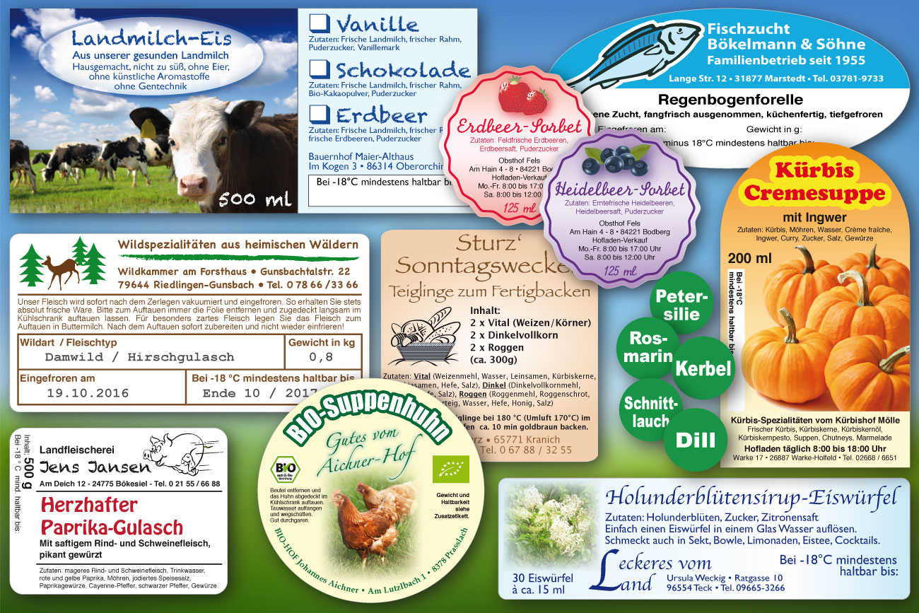 Tiefkühlbeständige Produktetiketten - individuell in Layout, Form und Stückzahl Individuelle Tiefkühletiketten für Eiscreme, Wildprodukte, Fleisch und Fisch