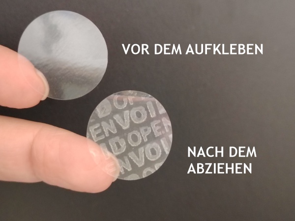 Verschluss-Siegel mit Void-Sicherheitsklebstoff ablösbar Klebepunkte aus transparenter Folie mit Sicherheitsklebstoff und Void-Effekt, ablösbar
