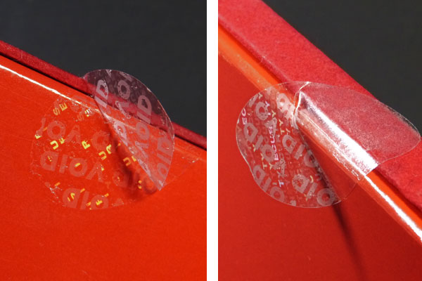 Verpackungssiegel aus transparenter Sicherheitsfolie mit Hologramm und Void-Effekt
