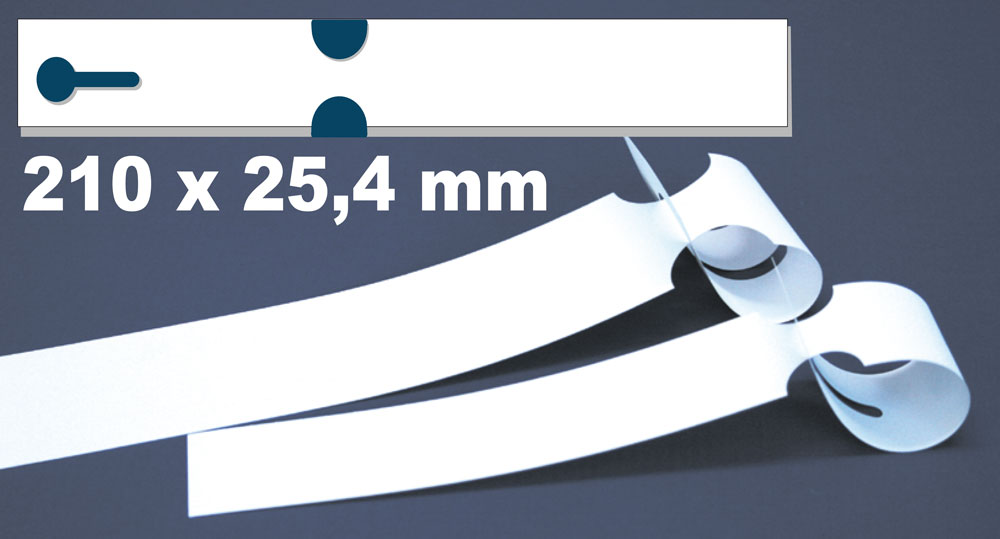 Schlaufenetiketten 210x25,4 mm aus weißem Polyester mit Durchziehlasche  auf Bogen für Laserdrucker