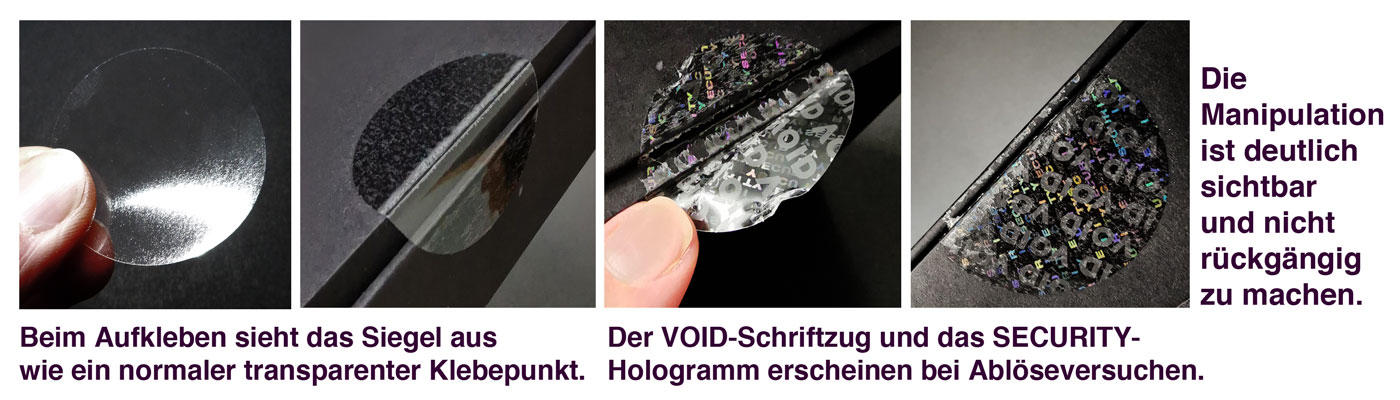 Void-Hologramm-Siegel - kein unbemerktes Ablösen möglich Transparente Hologramm-Siegeletiketten mit Void-Effekt können nicht unbemerkt abgelöst werden