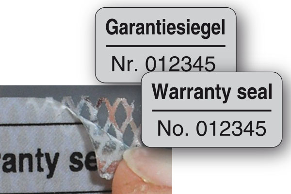 Nummerierte Garantiesiegel - übertragungs- und manipulationssicher  Garantiesiegel aus silberner Sicherheitsfolie mit rückseitigem Rautenmuster und fortlaufender Nummerierung