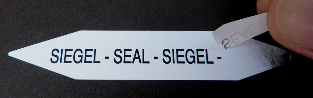 Sicheres Versiegeln - sofortige Zerstörung beim Ablösen Zweisprachige Sicherheitsetiketten SIEGELSEAL aus selbstzerstörender PE-Security-Folie