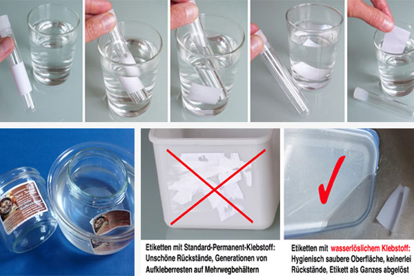 Etiketten mit wasserlöslichem Klebstoff  lösen sich bei Wasch- und Spülvorgängen ab und können leicht entfernt werden