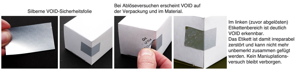 Manipulationssichere Void-Folie eignet sich als Verpackungssiegel, Verschlusssiegel, Garantiesiegel, Prüfsiegel