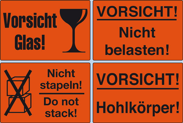 Versand-Hinweis-Aufkleber leuchtrot Papier mit Vorsicht Glas, Hohlkörper, nicht belasten, nicht stapeln