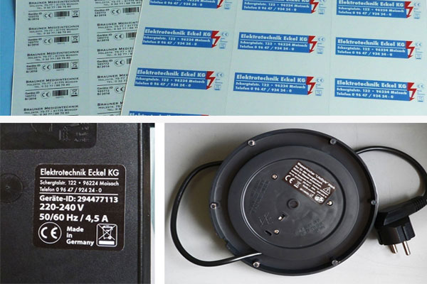 Typenschilder für Elektrogeräte, Maschinen, Anlagen Individuell bedruckte und nummerierte Typenschilder für Elektrogeräte, Elektrotechnik, Haushaltsgeräte