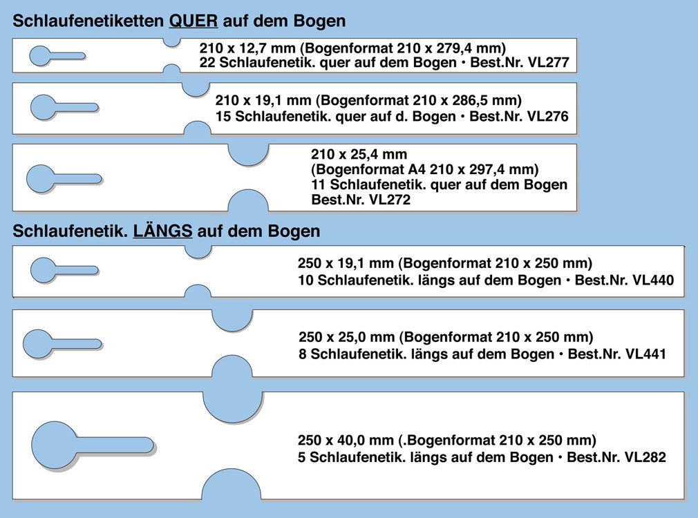 Schlaufenetiketten - einfach selbst per Laser bedrucken Schlaufenetiketten auf Laser-Bogen in verschiedenen Formaten zum selbst Drucken