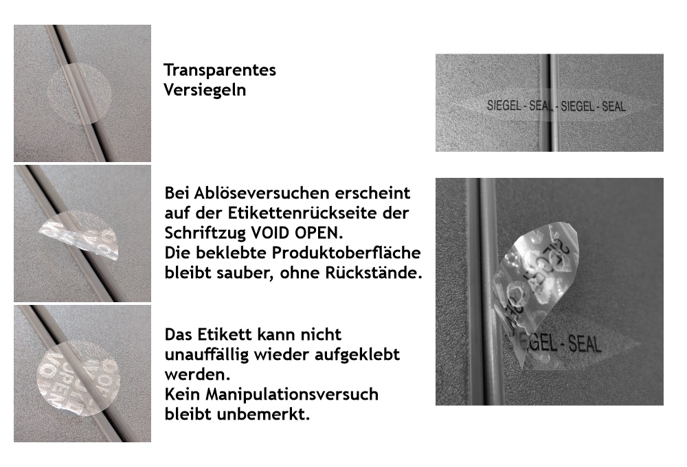 Unauffälliges Versiegeln mit sicherem Void-Effekt Transparente Verschlussetiketten mit Void Sicherheitseffekt bei Manipulationsversuchen